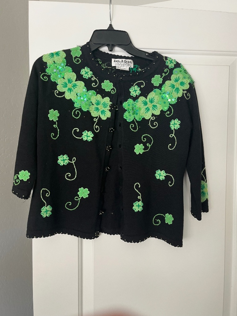 VTG 90s Jack B Quick Green Floral Sequin Novelty Cardigan Sz S READ